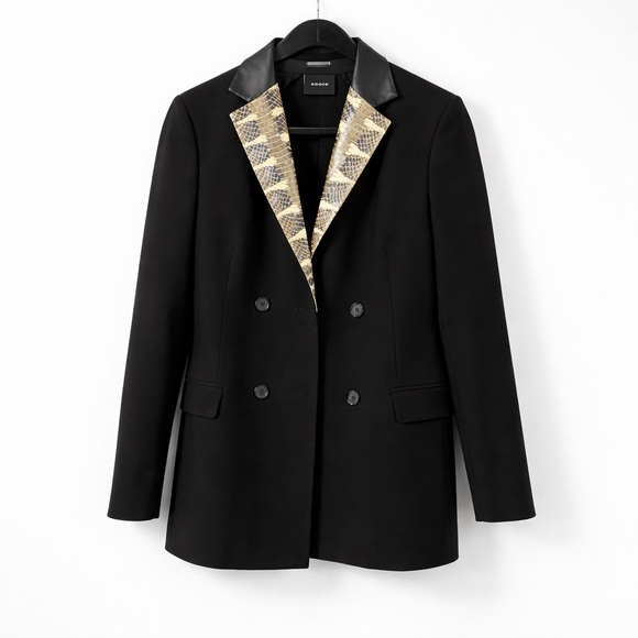 Mango Jackets & Blazers - Akris Black Blazer Jacket Leather Collar Snakeskin Trim US 8 IT 44